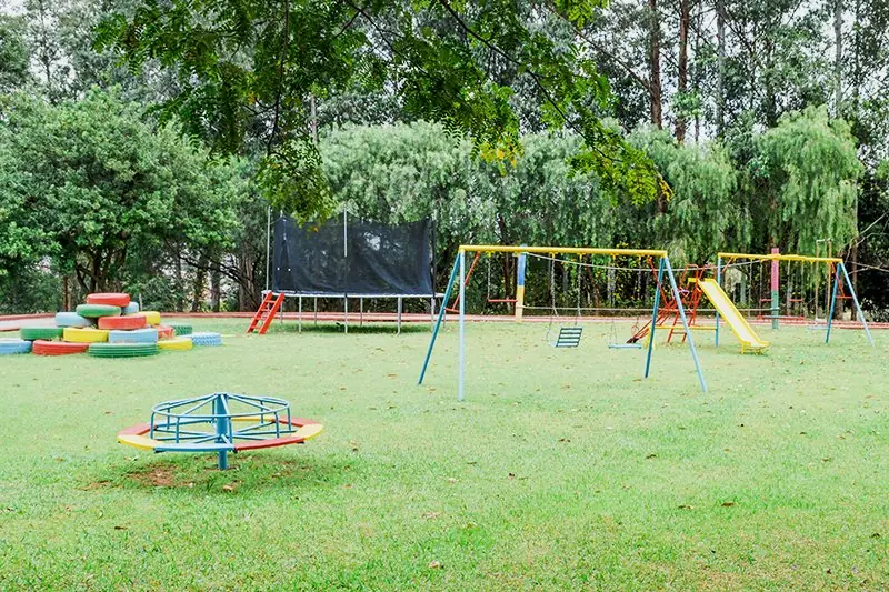 Conjunto de balanços e brinquedos de playground sobre o gramado, com a mata ao fundo