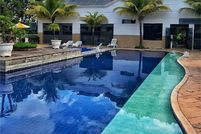 Piscina de borda irregular com faixa rasa de entrada gradual, cercada de palmeiras
